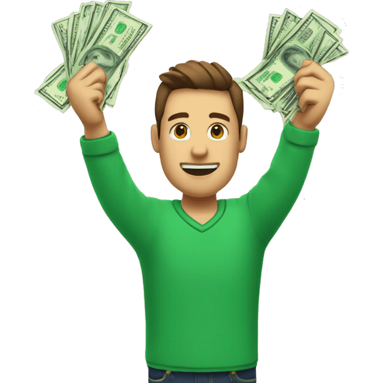 man who in this right hand hold money and it left hand hold a phone and he holds his hands up  and the money color green hands doesn't stick to each other emoji