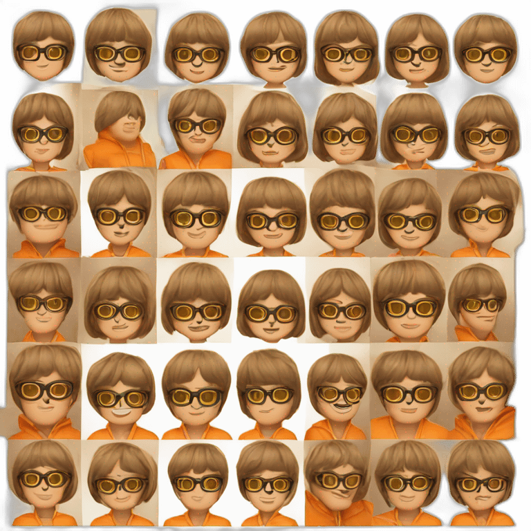 a man with a bowl cut brown squar glasses, a orange jacket emoji