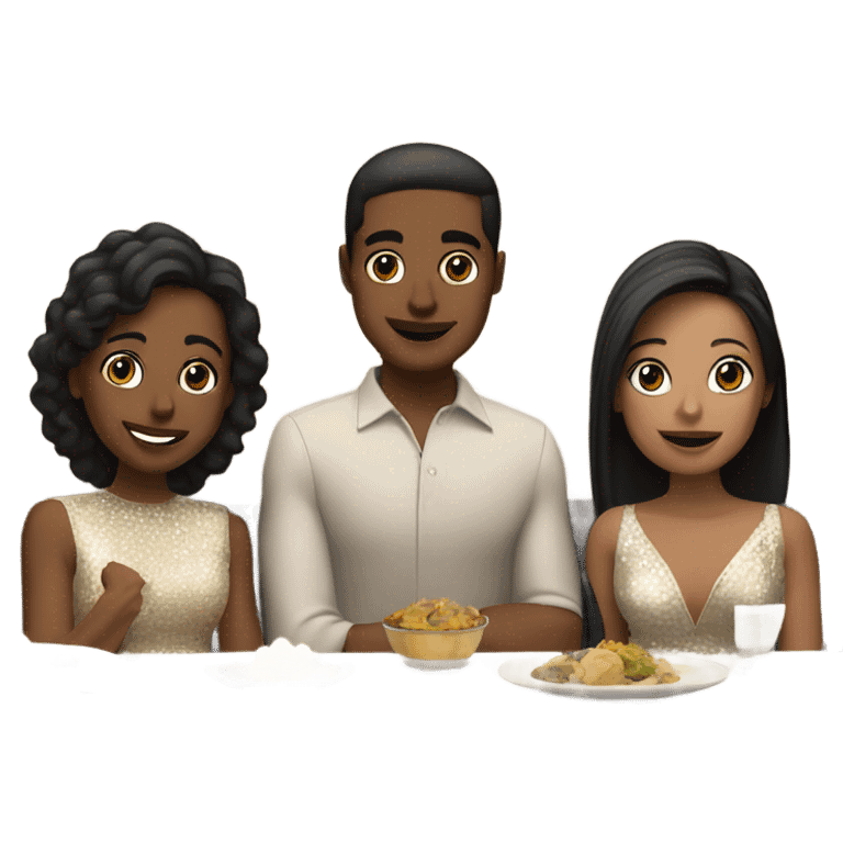 Three friends in New Year's dresses. The first one with black hair. The second one has white hair. The third one has brown hair. They're sitting in a restaurant. emoji