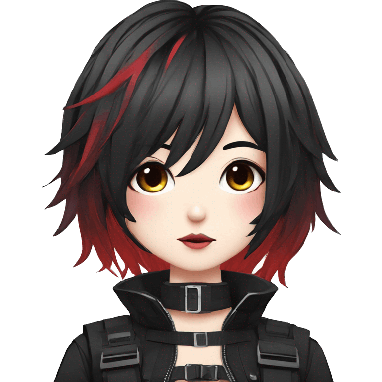 Gorgeous dark techwear anime style lady with blushing face aesthetic and pretty edgy black red punk messy hair with collar and harness trending style emoji