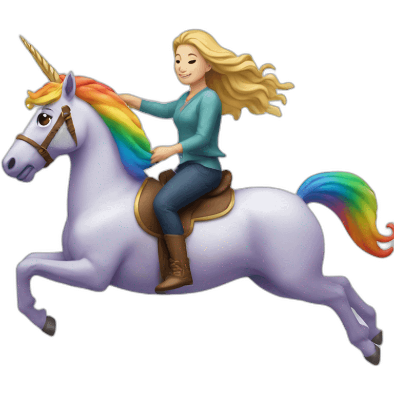 Woman riding a rainbow unicorn emoji