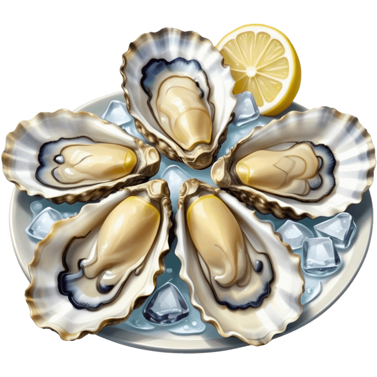 Cinematic fresh oysters on the half-shell, glistening with seawater, served with lemon wedges and ice, soft glowing highlights, elegant and luxurious. emoji