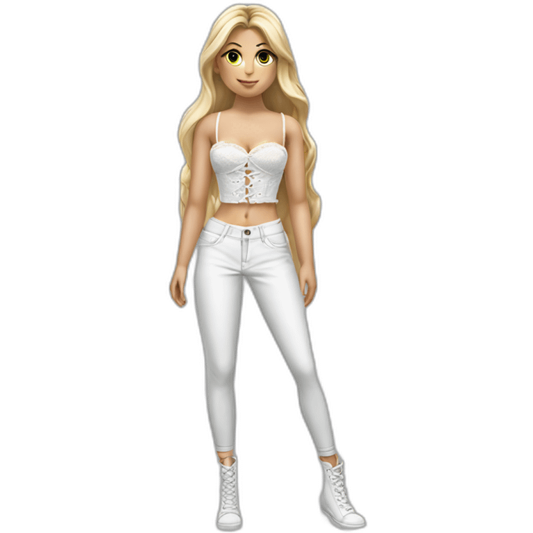 hyperrealistic caucasian blonde female, long straight hair, white lace-up crop bustier, full body view emoji