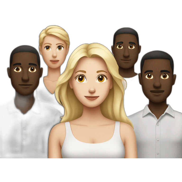 six dark-skinned men stand behind one pale blonde woman emoji