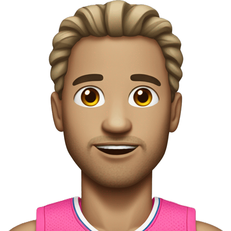 An emoji of an American man with white skin, slightly long hair, wearing a pink basketball outfit emoji