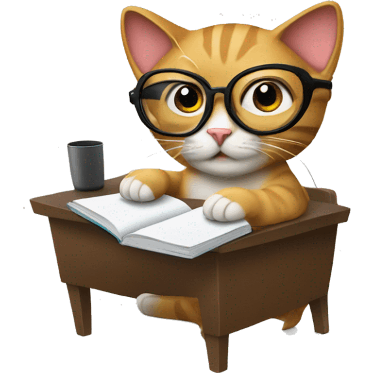 Create an emoji of a cat with computer glasses, taking notes in front of a computer while sitting on a chair emoji