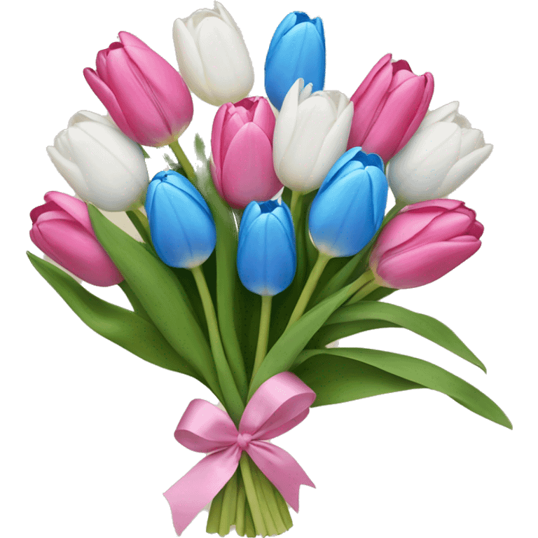 Pink and blue and white tulips in a bouquet emoji