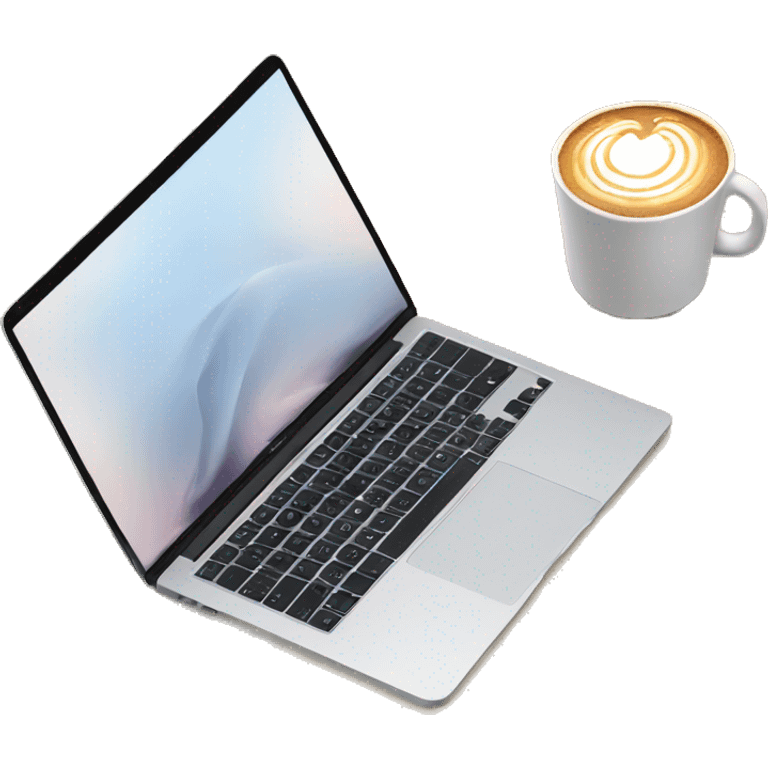 MacBook, latte in a cup, and a notebook emoji