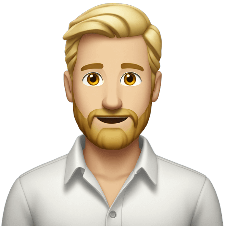 english man, short slicked back hair blonde, blonde medium length size full beard, in a smart unbuttoned shirt. emoji