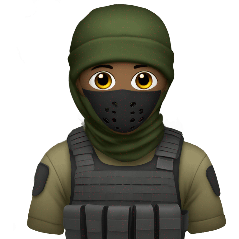 male, tall, white skin, black mask, green camo tactical gear, combat boots, black beanie, hazel eyes emoji