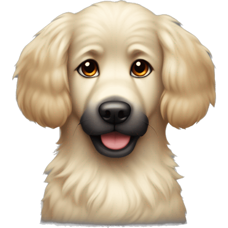 an adorable looking, fluffy, light colored dog with dark eyes and a cute black nose, floppy ears and a red collar, groomed fur emoji