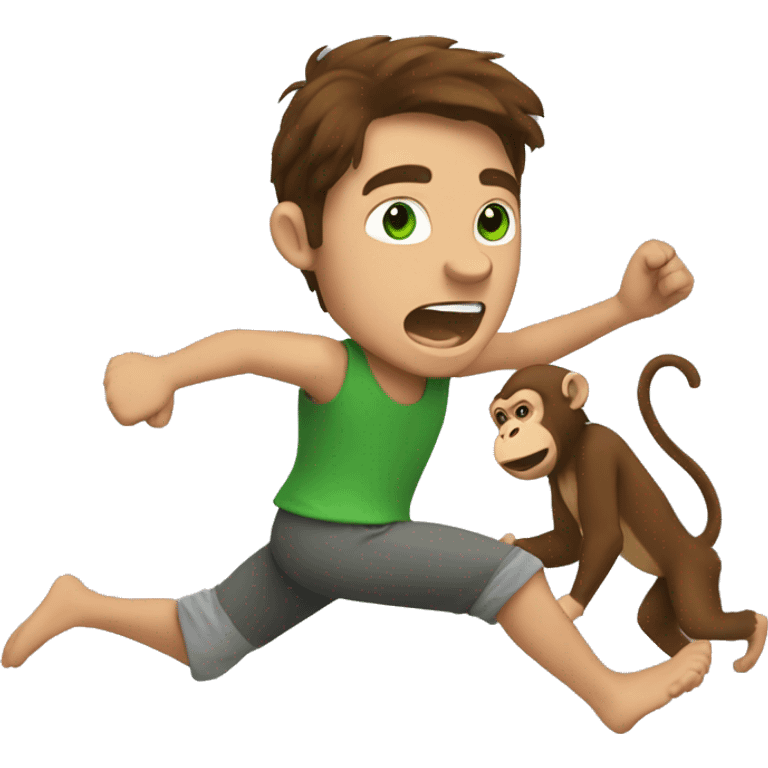 Man with brown hair and green eyes running from a monkey  emoji