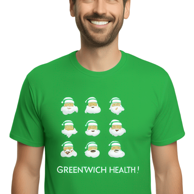 Santa wearing green t shirt. T s-shirt has words ‘Greenwich Health’ written in white letters  emoji