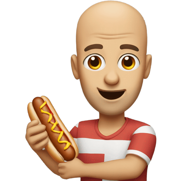 Bald guy with big eyes eating a hot dog emoji