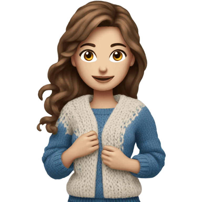 beautiful brown hair woman with blue eyes knitting sweater  emoji