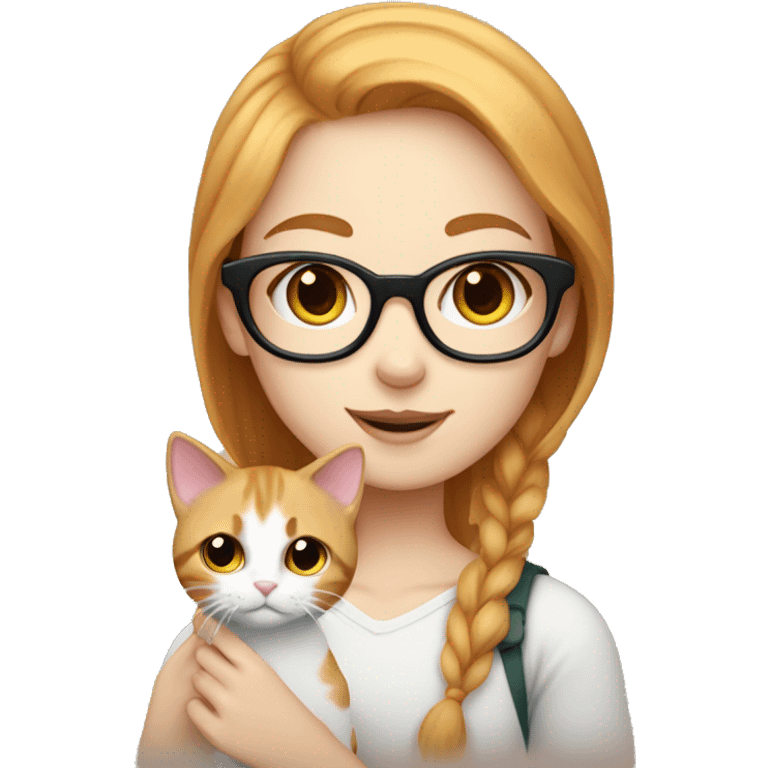 White skin, short strawberry-blonde haired girl with glasses holding calico cat emoji