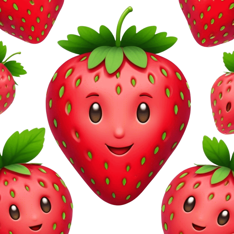 Cinematic Realistic Strawberry Emoji, Plump and juicy, with a deep red color and small, fresh seeds dotted across the skin. Its glossy, sweet surface catches the light, while bright green leaves top off the perfect, delicious berry. Soft glowing outline, capturing the essence of sweetness and freshness in a bright strawberry! emoji