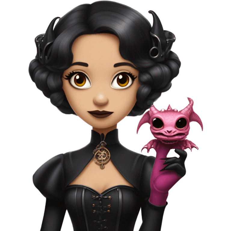 flirty Lavish black evening gown with see-through gloves, Jenna Ortega as Addams woman wearing a steampunk mini tiara, very large blood pink evil-looking horned old dragon emoji