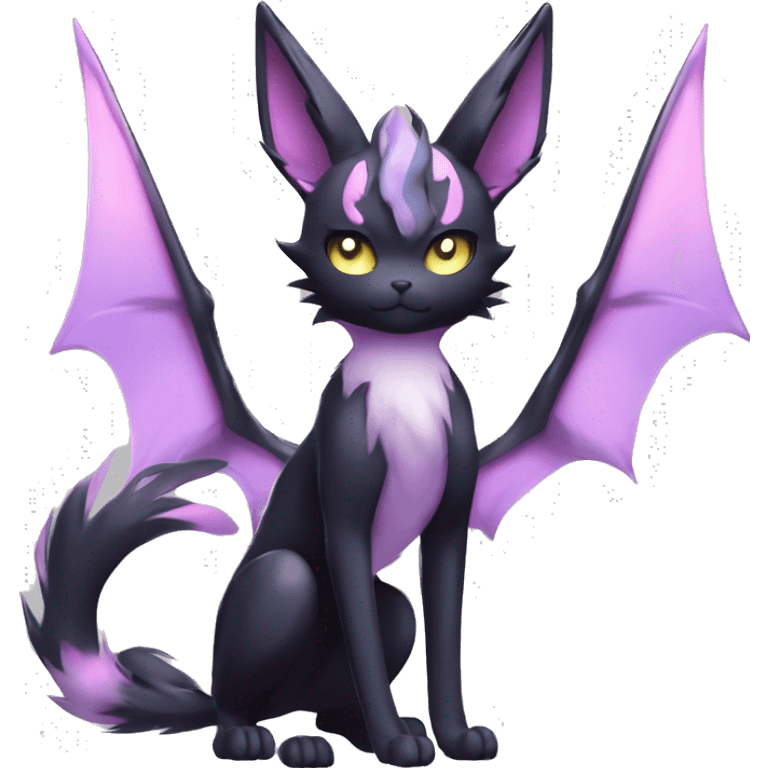 Shiny Cool pastel Black beautiful ethereal fantasy Kawaii Sona Umbreon-Espeon-Litten-Fakemon-cat-animal with edgy bat-ears black mane vtuber model Full Body emoji