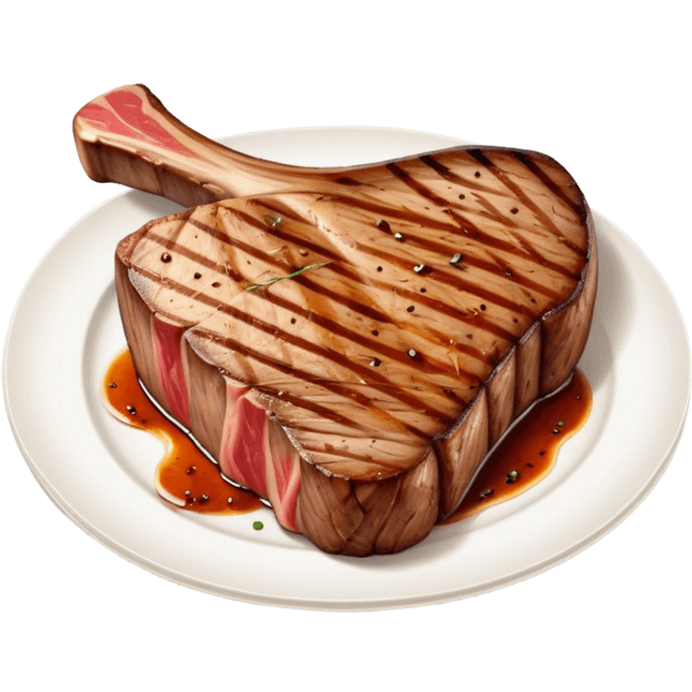 Cinematic thick-cut t-bone steak, perfectly seared with grill marks, a grilled center, rich and savory, warm glow, sizzling and mouthwatering, highly detailed and appetizing. emoji