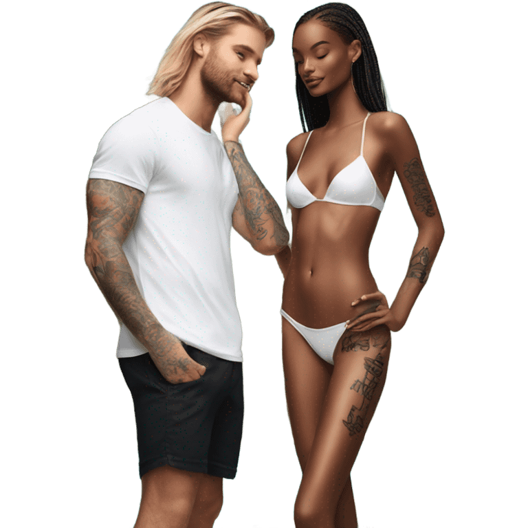 Photo of Victoria secret model by the pool with a tattooed male model  emoji