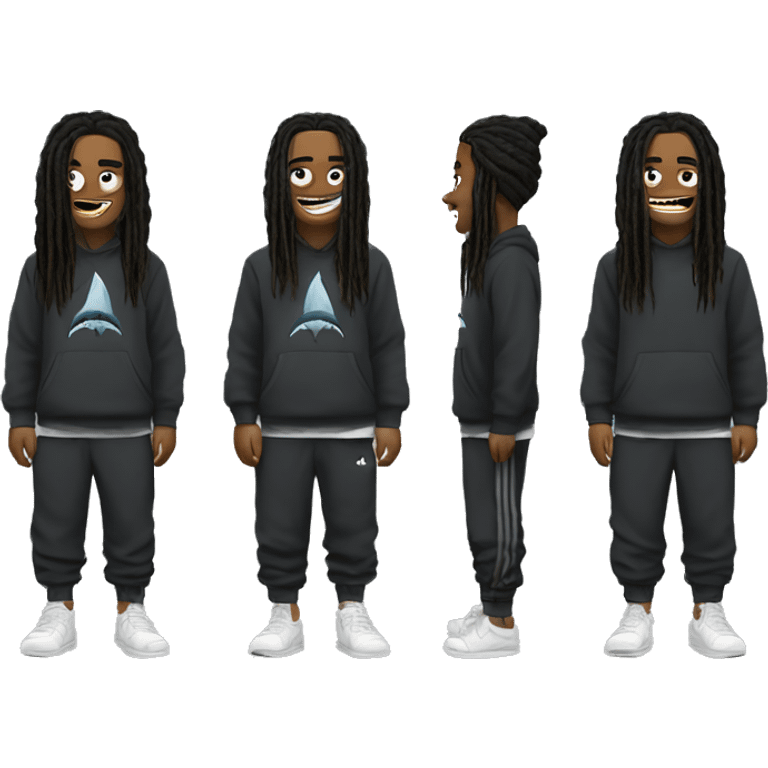 shark with adida slides and black sweatpants and with dreadheads emoji