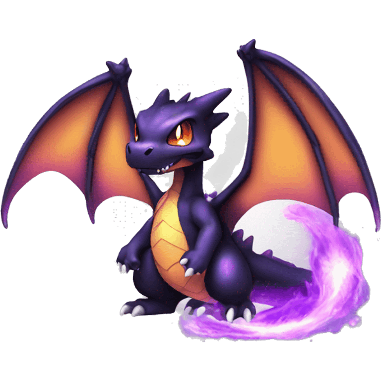 Black shiny nebula chibi Charizard-Raptor-Fakémon with purple flame on tail full body emoji