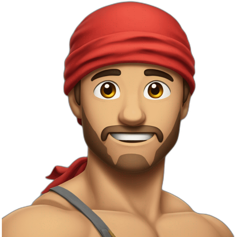 muscular man in red bandana standing sideways turns his head to the viewer,his left hand is bent in the elbow,torso emoji