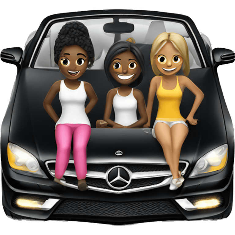 Black Mercedes Cabrio with two happy girls emoji