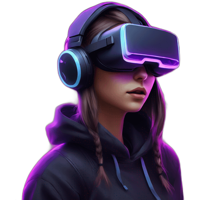 Russian girl wearing a black hoodie with "OMG" letters on it and VR headset in a cyberpunk VR environment with violet neon lighting. emoji