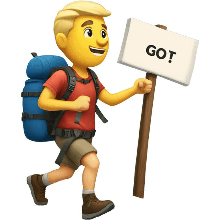 White man hiking mountain with sign that says “go for it!” emoji