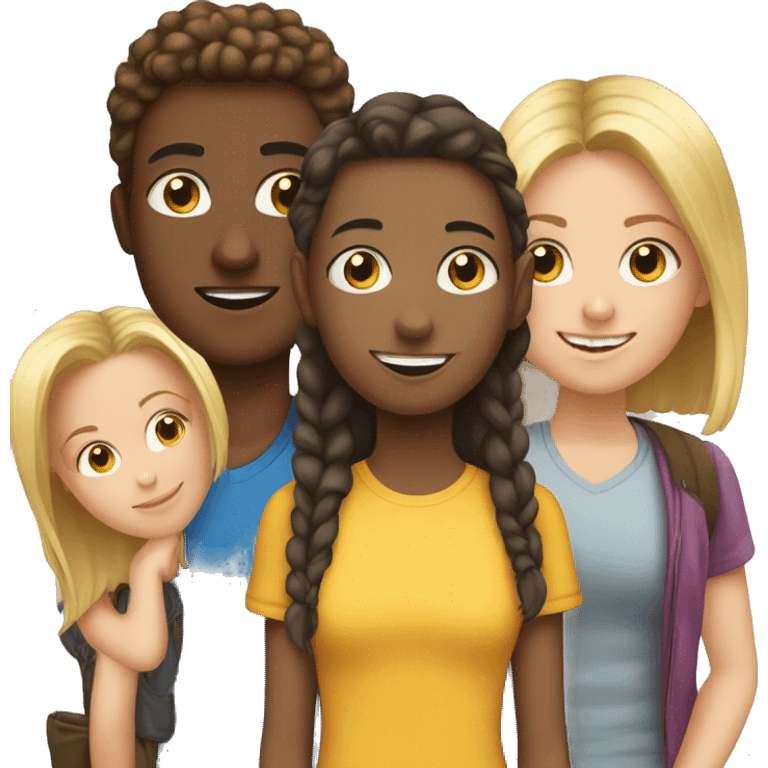 Two caucasian teen girls and a mixed teenage boy hanging out  emoji