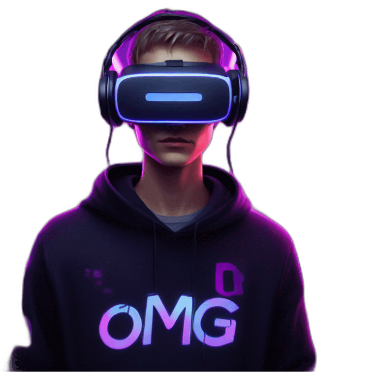 Russian young man wearing a black hoodie with "OMG" letters on it and VR headset in a cyberpunk VR environment with violet neon lighting. emoji