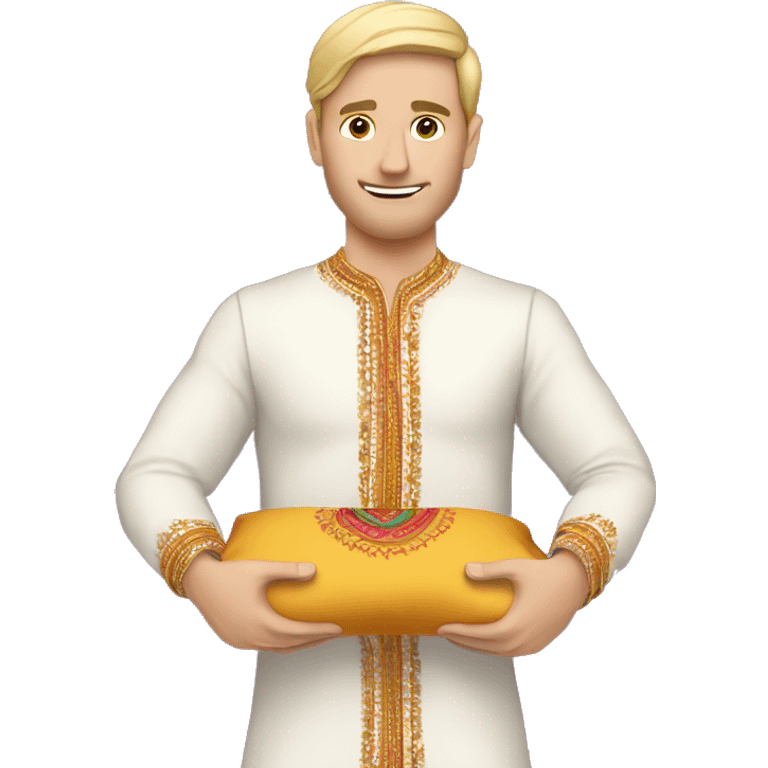 white man holding a pillow, weaing indian festival outfit with sleeves emoji