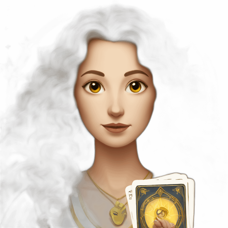 white woman with brown curls and a tarot card with gold star on it emoji