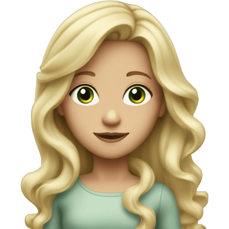 Blonde girl with green/grey eyes with long hair, some cur emoji