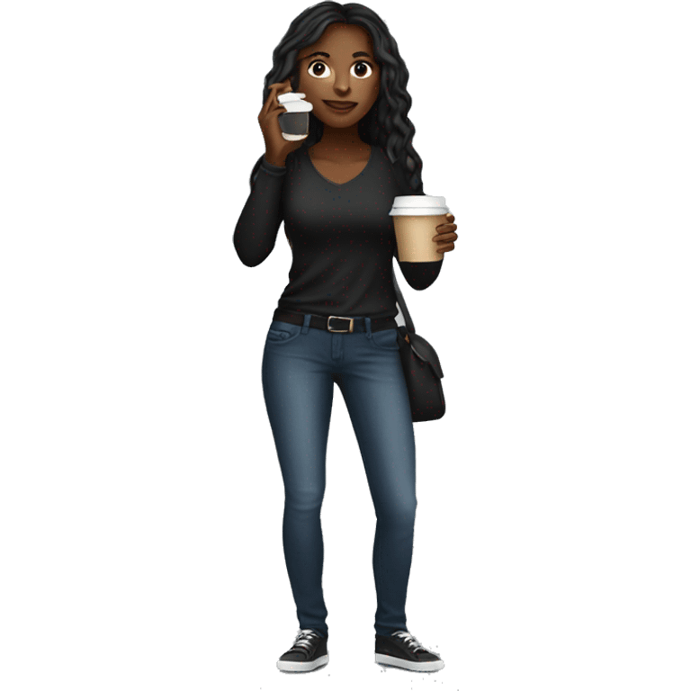 Black female with long hair talking on cellphone and holding a coffee wearing black shirt and jeans full length  emoji