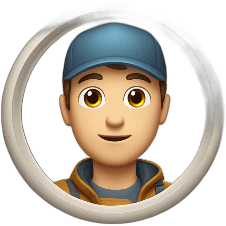 Guy with brown hair and short, eyes with a cap that is inside a circle window that try to exit with a hand on the top of cornice emoji