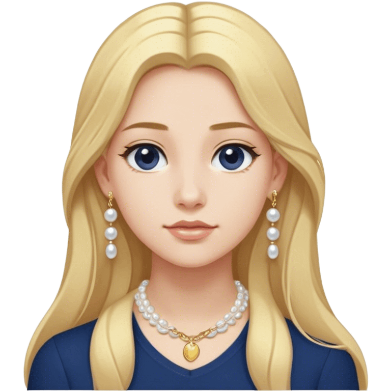 White girl with long blonde hair with a form fitting navy blue shirt with a dainty gold chain and pearl earrings emoji