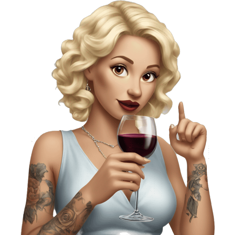 Blonde elegant women, her body covered with tattoos, wine in her one hand, pointing on you with her other hand , Hyper realistic emoji