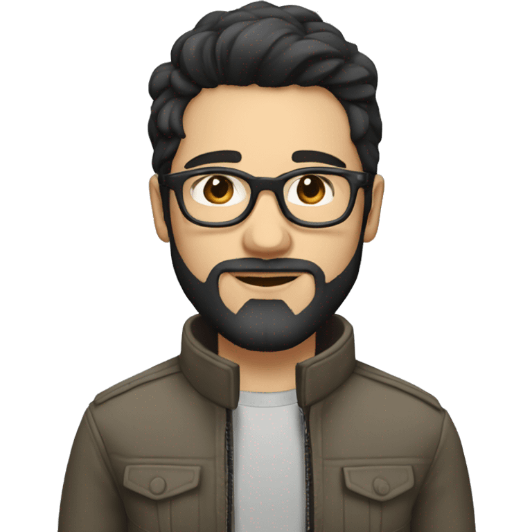 A beautiful white skin  young man with black and medium hair and white skin and beard, wearing round glasses and jacket emoji