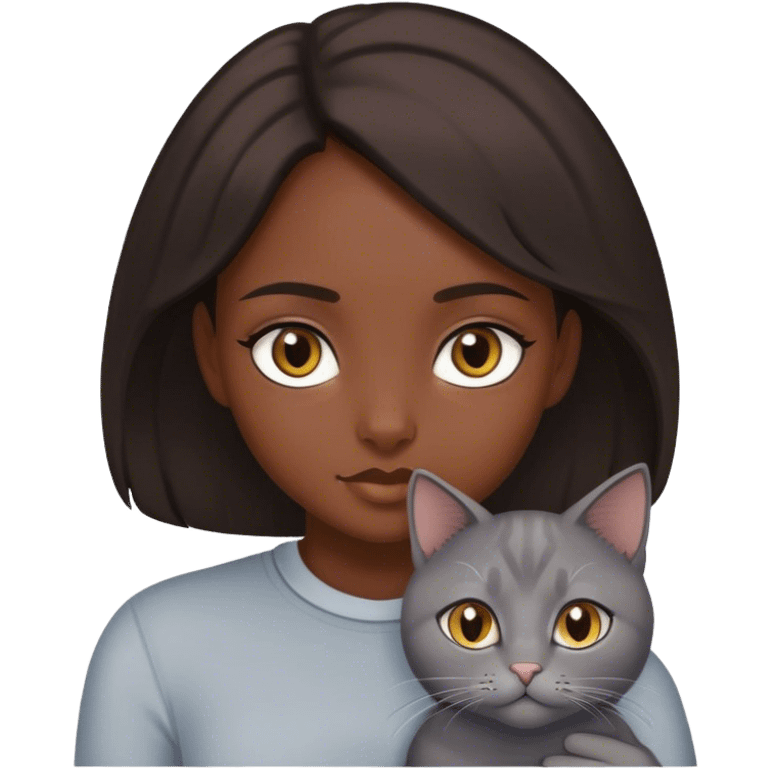 Dark Brown hair girl with hazel eyes and a grey cat emoji