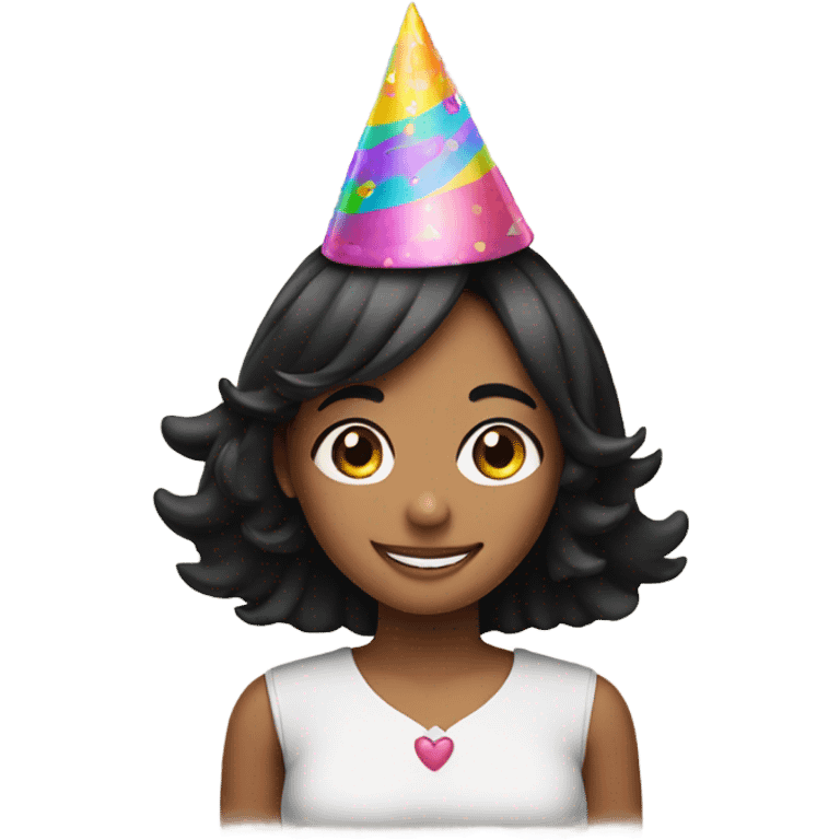 smiling girl with black hair and birthday hat emoji