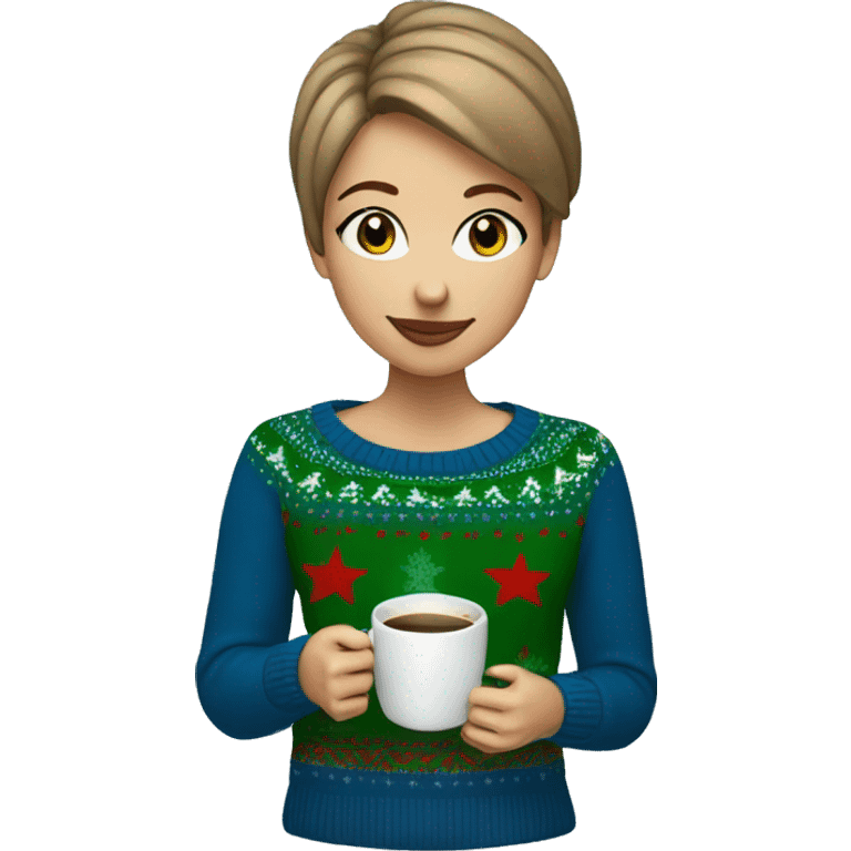 Light brown short haired girl with green eyes drinking coffee wearing blue Christmas sweater emoji