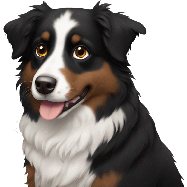 Small black australian shepherd dog with dark brown eyes and black face emoji