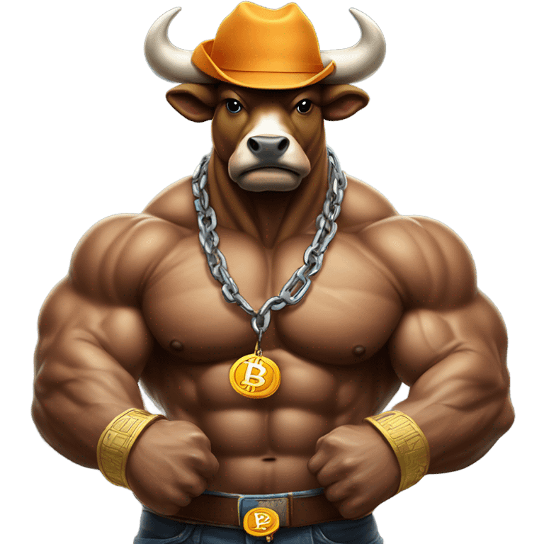 Bull ready to charge wearing bitcoin hat emoji