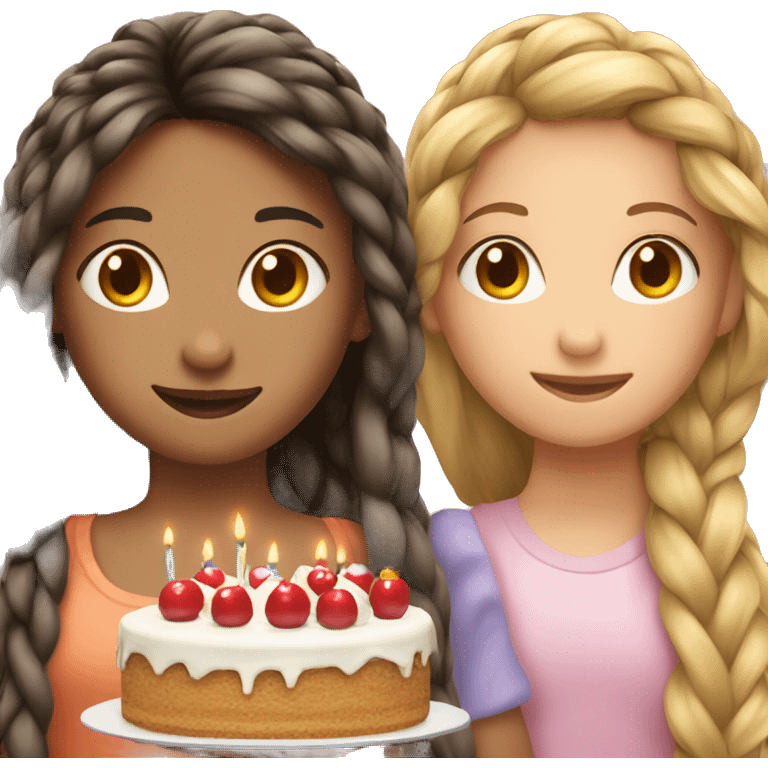 braided girl with cake and her friend with long straight hair emoji