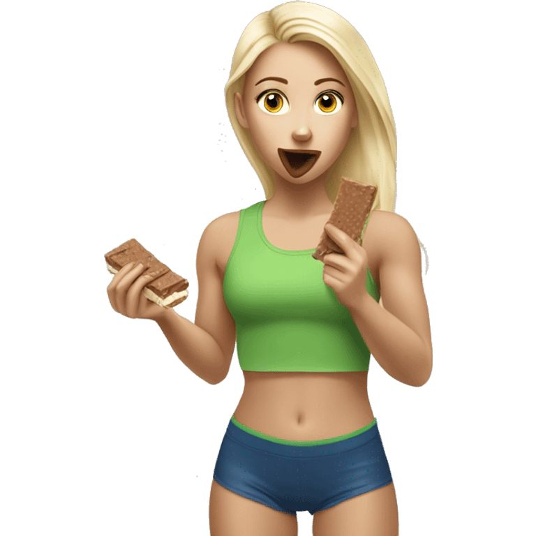 Realistic sporty blond girl eating protein bar  emoji