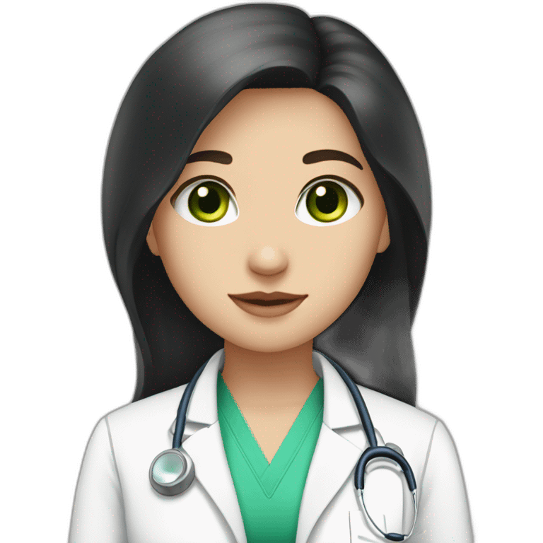 doctor, black hair, girl, white skin, straight hair, green eyes emoji