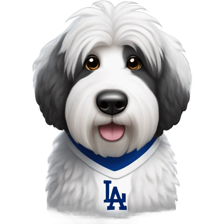 Salt and pepper Old English shepard wearing a dodgers shirt  emoji